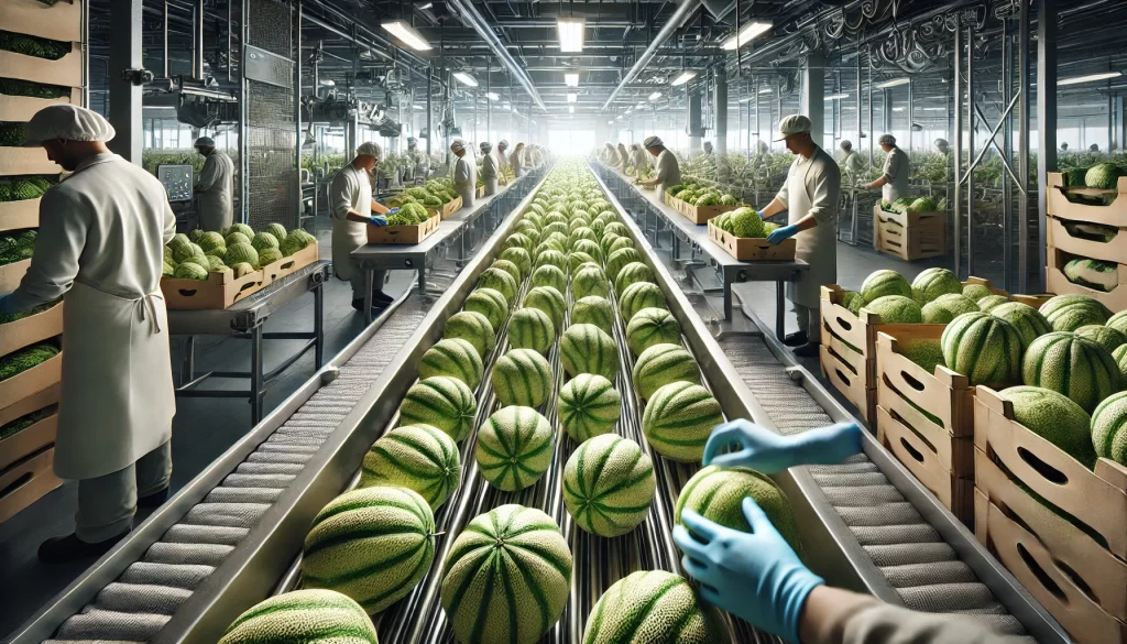 DALL·E 2025 01 09 16.39.14 An ultra realistic depiction of a packing line for melons (Cucumis melo). The scene shows ripe melons being sorted and placed into crates on a conveyo