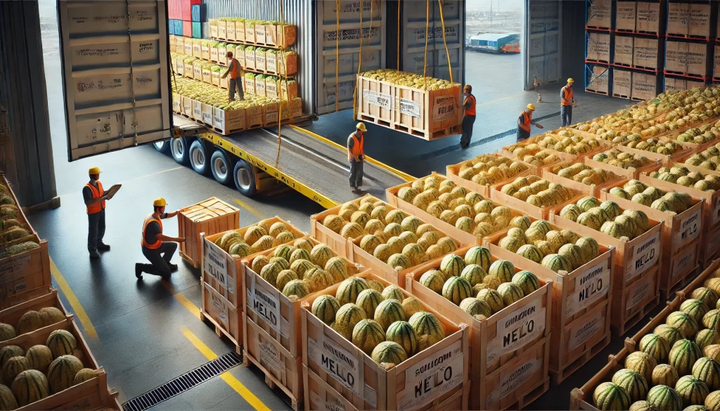 DALL·E 2025 01 09 16.42.33 An ultra realistic depiction of melons (Cucumis melo) being prepared for export. The scene shows wooden or cardboard crates filled with ripe melons, ready for shipping.