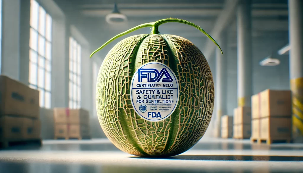 DALL·E 2025 01 09 16.43.31 An ultra realistic depiction of a ripe melon (Cucumis melo) with a visible FDA certification label. The melon is placed on a clean surface, with its natural netted texture clearly visible.