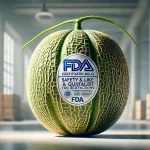 DALL·E 2025 01 09 16.43.31 An ultra realistic depiction of a ripe melon (Cucumis melo) with a visible FDA certification label. The melon is placed on a clean surface, with its n