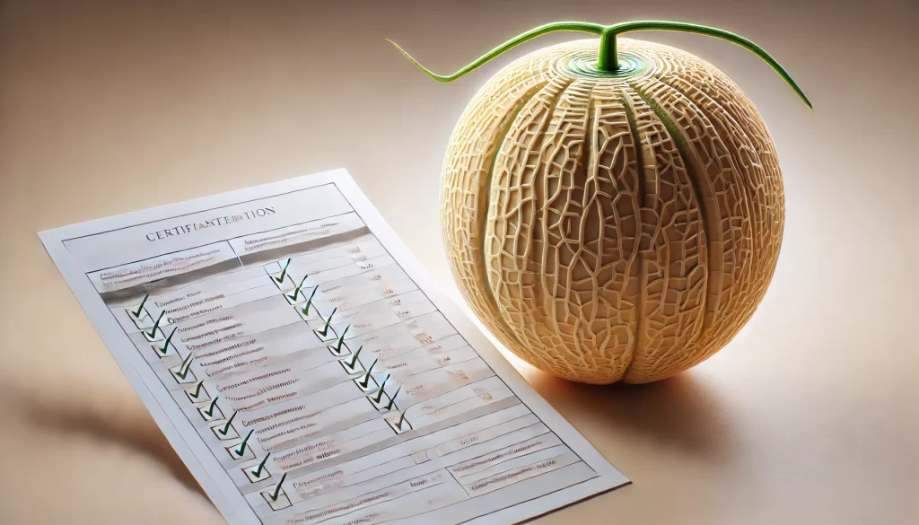 DALL·E 2025 01 09 16.45.16 An ultra realistic depiction of a ripe melon (Cucumis melo) placed next to a form with checkboxes. The form has several boxes checked, indicating quality certifications.