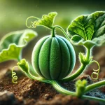 DALL·E 2025 01 09 17.01.23 An ultra realistic depiction of a young melon (Cucumis melo) growing on the vine. The melon is small, with smooth green skin, surrounded by vibrant gr