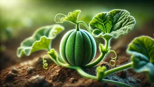 DALL·E 2025 01 09 17.01.23 An ultra realistic depiction of a young melon (Cucumis melo) growing on the vine. The melon is small, with smooth green skin, surrounded by vibrant gr