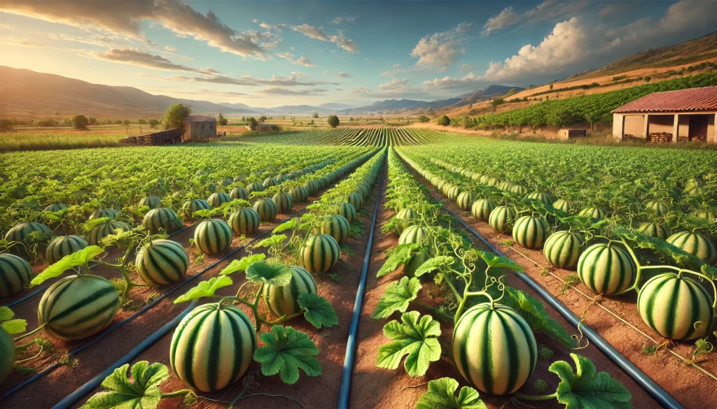 DALL·E 2025 01 09 17.03.19 An ultra realistic depiction of a melon (Cucumis melo) field in Spain. The scene features rows of healthy melon plants with vibrant green leaves and r