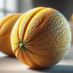 DALL·E 2025 01 09 17.07.06 An ultra realistic depiction of a ripe melon (Cucumis melo) placed on a neutral surface. The melon has a vibrant yellowish orange color with a natural