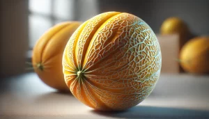 DALL·E 2025 01 09 17.07.06 An ultra realistic depiction of a ripe melon (Cucumis melo) placed on a neutral surface. The melon has a vibrant yellowish orange color with a natural