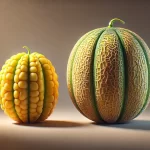 DALL·E 2025 01 09 17.12.16 An ultra realistic depiction comparing two melons (Cucumis melo) one representing a modern cultivated variety with a vibrant yellowish color and net