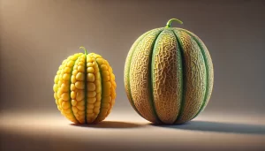 DALL·E 2025 01 09 17.12.16 An ultra realistic depiction comparing two melons (Cucumis melo) one representing a modern cultivated variety with a vibrant yellowish color and net