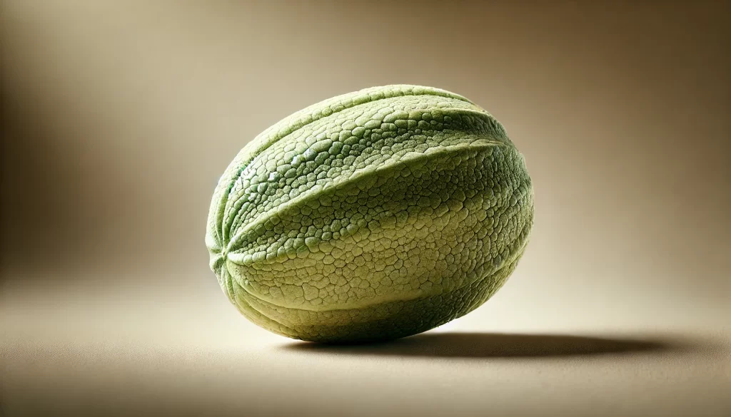 DALL·E 2025 01 09 17.13.27 An ultra realistic depiction of a single ancient, wild melon (Cucumis melo) from early evolution. The melon is small, with a smooth, pale green skin a