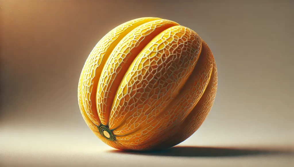 DALL·E 2025 01 09 17.13.30 An ultra realistic depiction of a single modern cultivated melon (Cucumis melo). The melon is vibrant yellow with a net like textured skin, placed on