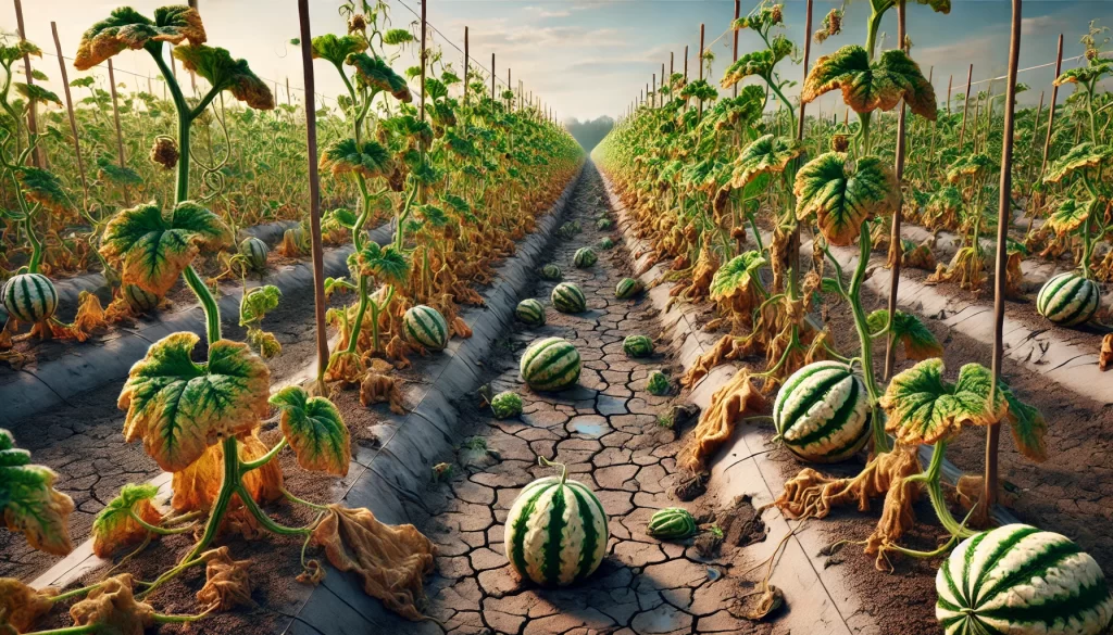 DALL·E 2025 01 09 17.23.50 An ultra realistic depiction of a melon field (Cucumis melo) affected by Fusariosis (Fusarium oxysporum f. sp. melonis). The scene shows rows of melon