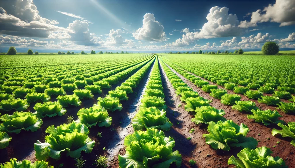 DALL·E 2025 01 10 15.46.48 A highly realistic image of a vast lettuce field on a sunny day. The scene shows rows of fresh, green lettuce plants growing in rich, dark soil under