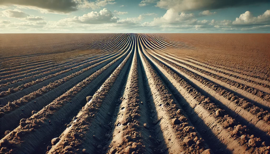 DALL·E 2025 01 10 15.47.52 A highly realistic image of a prepared agricultural field with neatly arranged furrows ready for planting. The soil appears rich and dark, showing vis