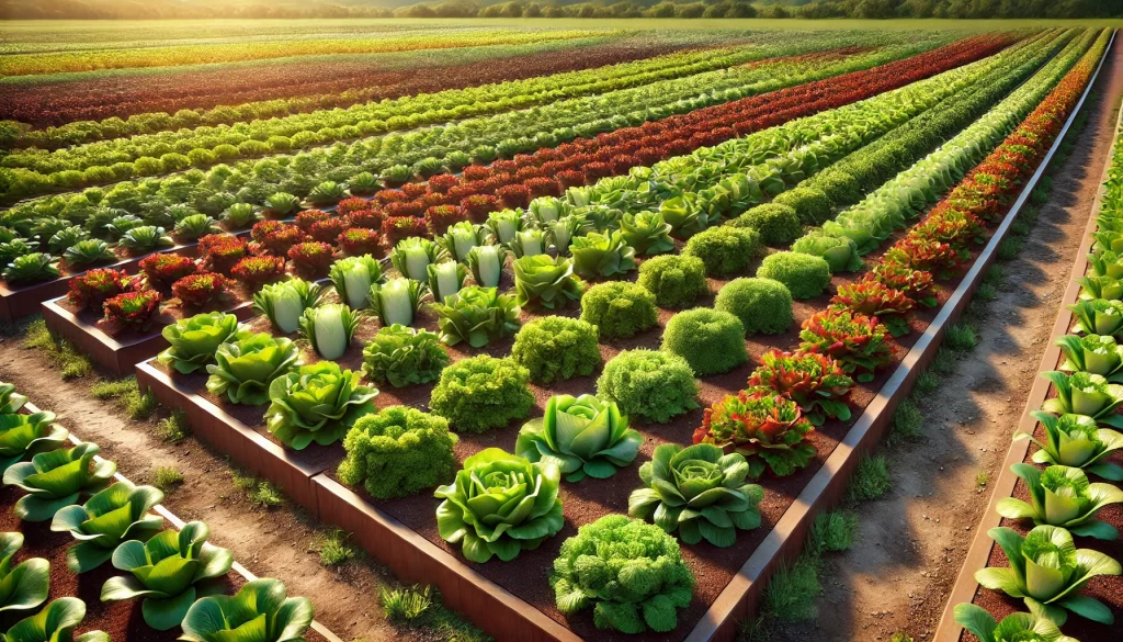 DALL·E 2025 01 10 15.50.28 A highly realistic image showcasing different varieties of lettuce displayed in a field. The scene includes crisphead lettuce, butterhead lettuce, rom