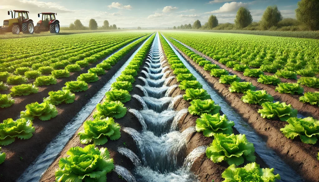 DALL·E 2025 01 10 15.51.29 A highly realistic image of a lettuce field being irrigated through furrow or gravity irrigation. The scene shows neatly aligned rows of lettuce plant