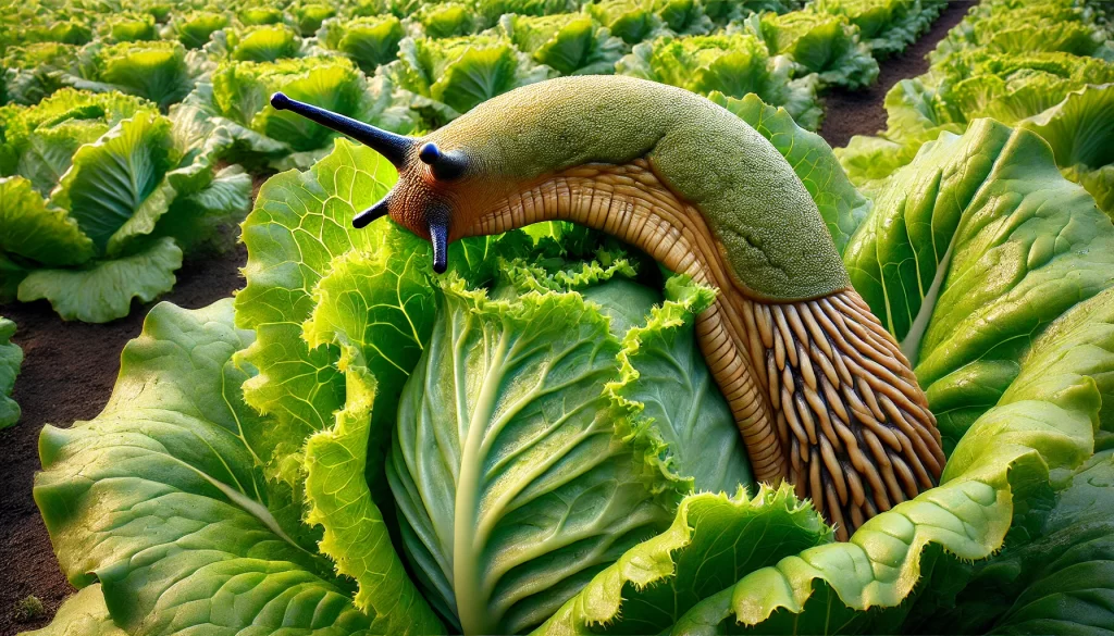 DALL·E 2025 01 10 15.52.27 A highly realistic close up image of a slug eating a lettuce leaf in a lettuce field. The slug is depicted with detailed textures on its body and slim