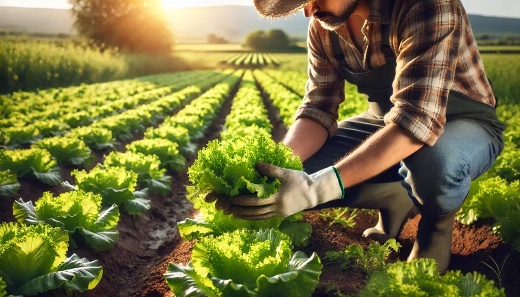 DALL·E 2025 01 10 15.53.16 A highly realistic image of a farmer harvesting lettuce in a field. The farmer is wearing practical clothing, including a hat to protect from the sun,