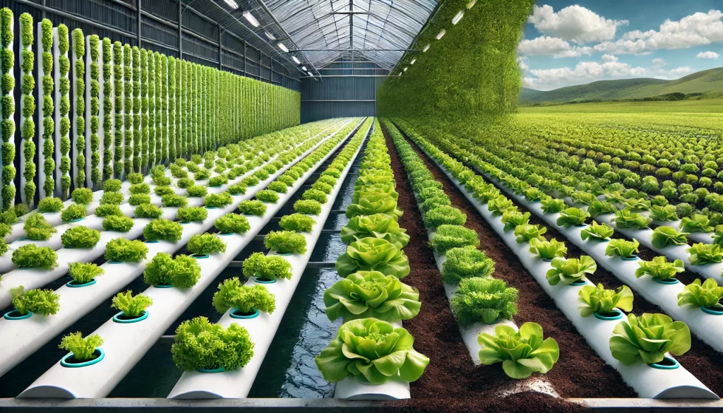 DALL·E 2025 01 10 16.00.01 A highly realistic comparative image showing hydroponic lettuce and soil grown lettuce side by side. On the left, vibrant green hydroponic lettuce gro