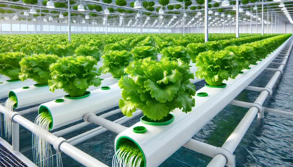 DALL·E 2025 01 10 16.01.10 A highly realistic image of vibrant green hydroponic lettuce growing in a modern controlled environment. The lettuce is thriving in a hydroponic syste