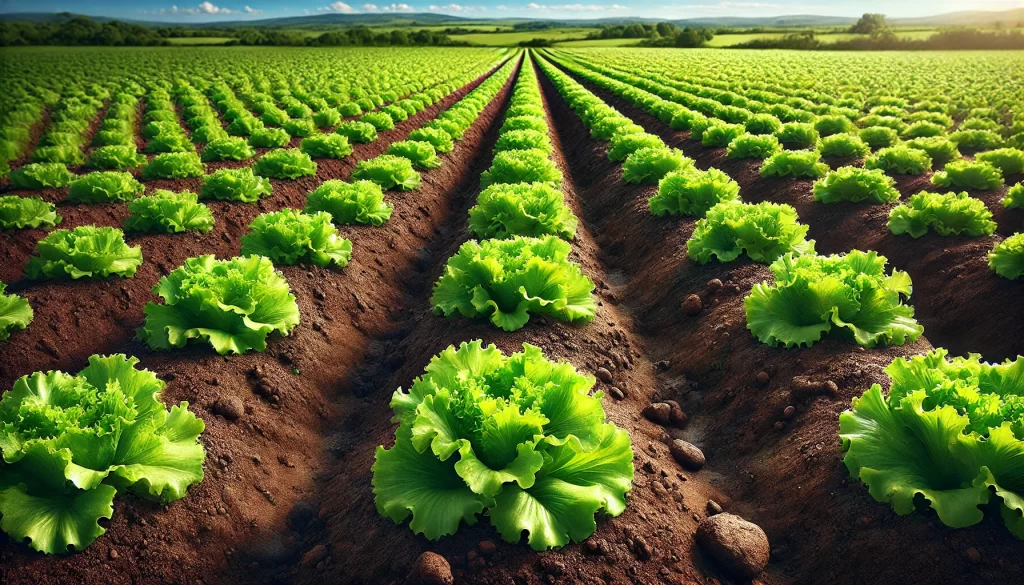 DALL·E 2025 01 10 16.01.36 A highly realistic image of lettuce growing in rich, dark soil in an open agricultural field. The lettuce plants are vibrant green and evenly spaced i