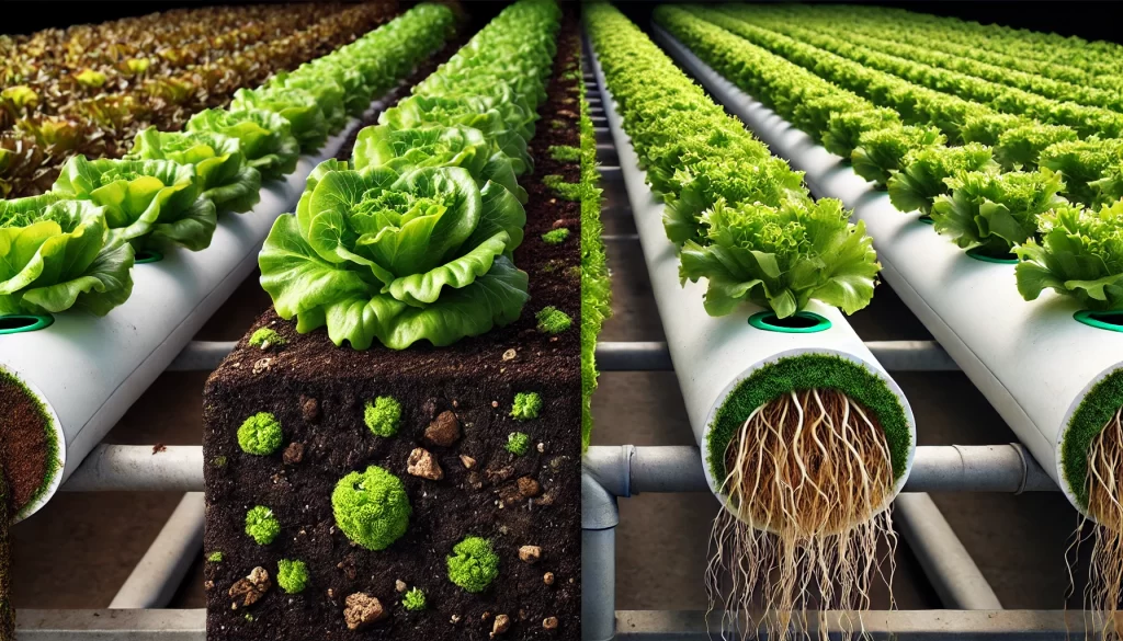 DALL·E 2025 01 10 16.03.00 A highly realistic close up comparative image showing soil grown lettuce and hydroponic lettuce side by side. On the left, the soil grown lettuce is p