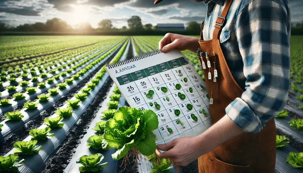 DALL·E 2025 01 10 16.06.39 A highly realistic image of a farmer examining a planting calendar for lettuce in an agricultural setting. The farmer, dressed in practical work cloth