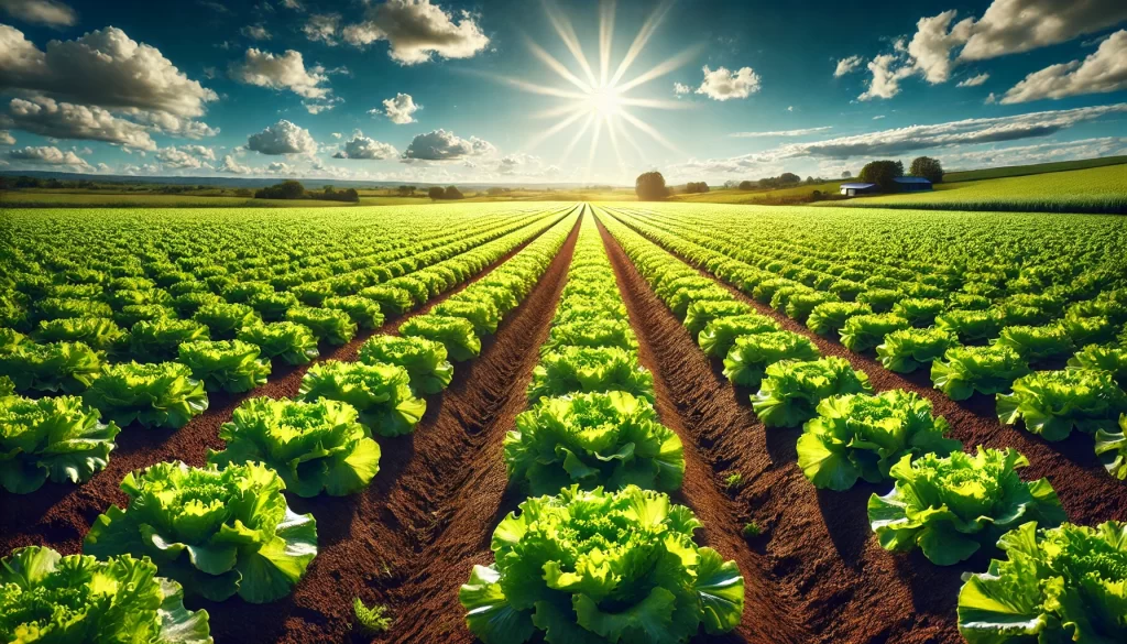 DALL·E 2025 01 10 16.07.59 A highly realistic image of a vast lettuce field on a very sunny day. The scene shows rows of vibrant green lettuce plants growing in rich, dark soil