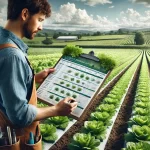 DALL·E 2025 01 10 16.11.27 A highly realistic image of a farmer closely examining a planting calendar for lettuce in an outdoor agricultural setting. The calendar features detai