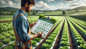 DALL·E 2025 01 10 16.11.27 A highly realistic image of a farmer closely examining a planting calendar for lettuce in an outdoor agricultural setting. The calendar features detai