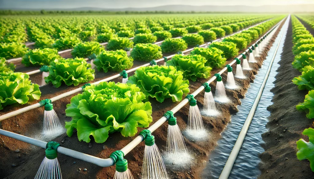 DALL·E 2025 01 10 16.13.41 A highly realistic image of a lettuce field being irrigated with a drip irrigation system. The scene shows rows of vibrant green lettuce plants with w