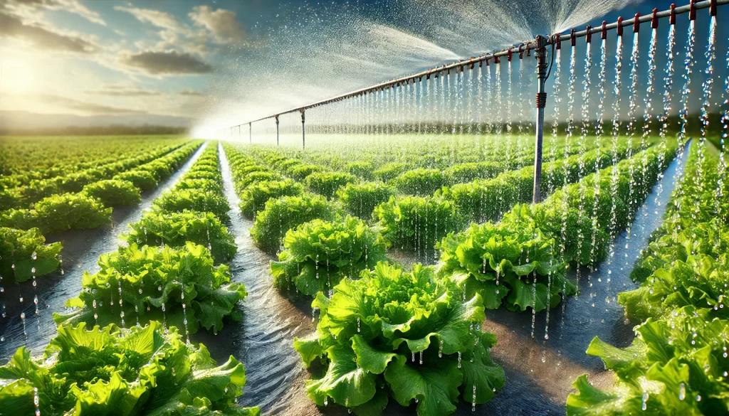 DALL·E 2025 01 10 16.14.34 A highly realistic image of a lettuce field being irrigated with a sprinkler system. The scene shows rows of vibrant green lettuce plants with fine wa