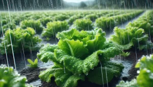 DALL·E 2025 01 10 16.18.59 A highly realistic close up image of a lettuce plant in a field during a rainy day. The lettuce leaves are vibrant green, covered with glistening rain