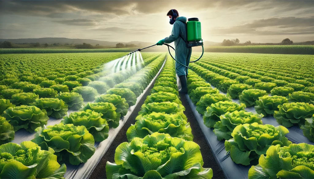 DALL·E 2025 01 10 16.21.54 A highly realistic image of a farmer applying foliar fertilizer to lettuce plants in a field. The farmer, wearing protective gear such as gloves and a