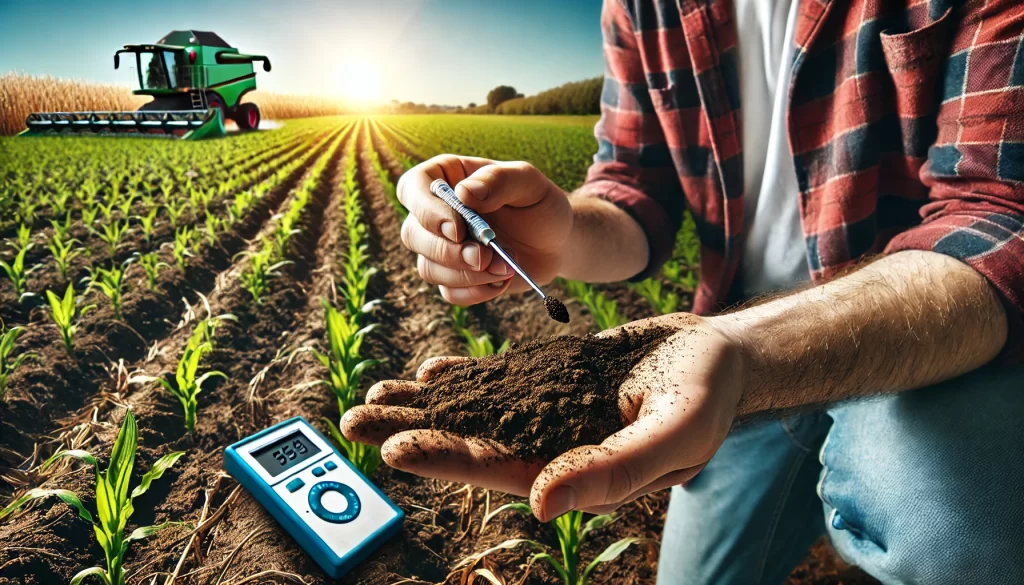 DALL·E 2025 01 10 16.22.50 A highly realistic image of a farmer performing a soil analysis in an agricultural field. The farmer is holding a soil sample in one hand and using a