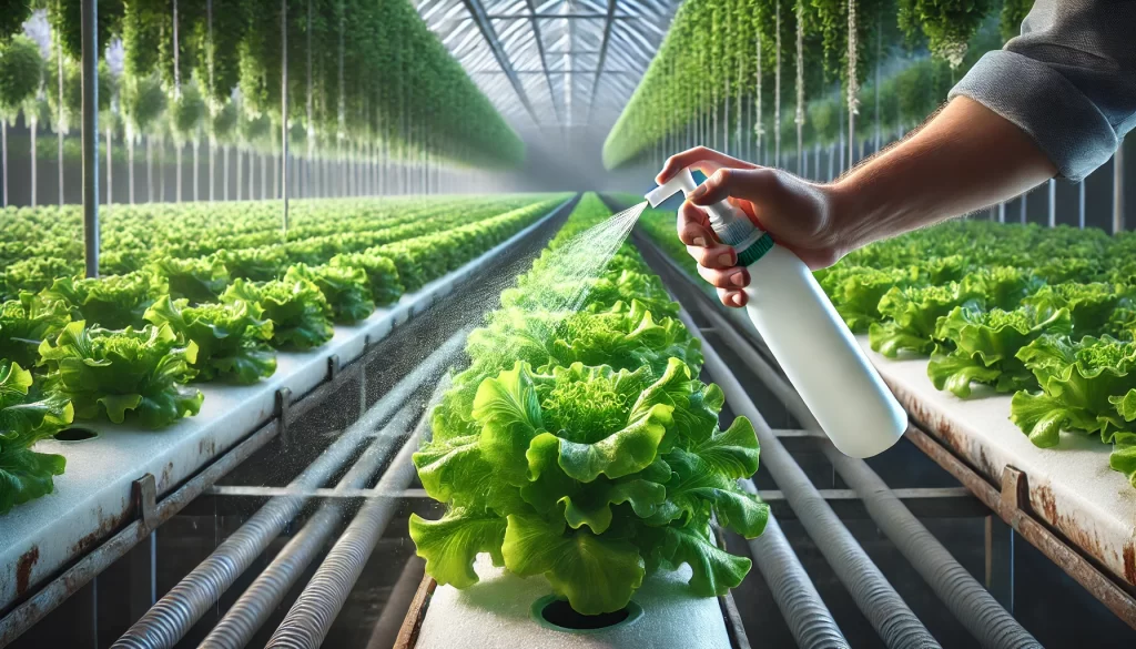 DALL·E 2025 01 10 16.23.53 A highly realistic close up image of a farmer applying foliar fertilizer to hydroponic lettuce plants. The lettuce is vibrant green and growing in a c