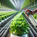 DALL·E 2025 01 10 16.23.53 A highly realistic close up image of a farmer applying foliar fertilizer to hydroponic lettuce plants. The lettuce is vibrant green and growing in a c