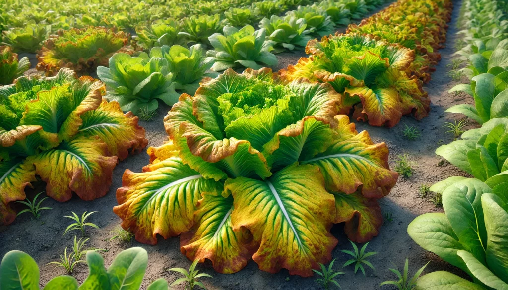 DALL·E 2025 01 10 16.31.06 A highly realistic image of lettuce plants in a field showing signs of nutritional deficiencies. The leaves have yellowing (chlorosis) at the edges an