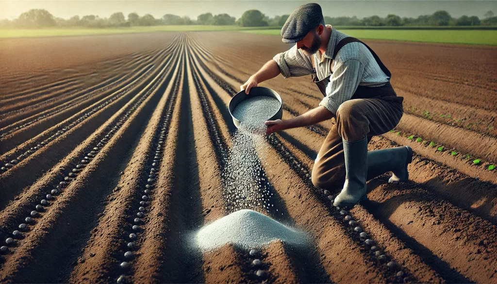 DALL·E 2025 01 10 16.35.55 A highly realistic image of a farmer applying fertilizer to prepared soil in an agricultural field. The farmer, dressed in practical clothing, is spre