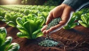 DALL·E 2025 01 10 16.38.24 A highly realistic close up image of a farmer's hand applying granular fertilizer to the base of a lettuce plant. The hand is holding small pellets of