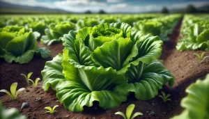 DALL·E 2025 01 10 16.40.19 A highly realistic close up image of organic lettuce growing in a field. The lettuce is vibrant green with fresh, crisp leaves showing natural texture