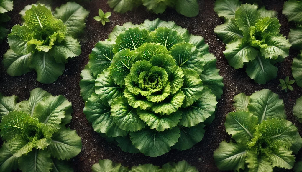 DALL·E 2025 01 10 16.41.03 A highly realistic top down view of an organic lettuce plant growing in a field. The vibrant green leaves are arranged in a natural, symmetrical roset