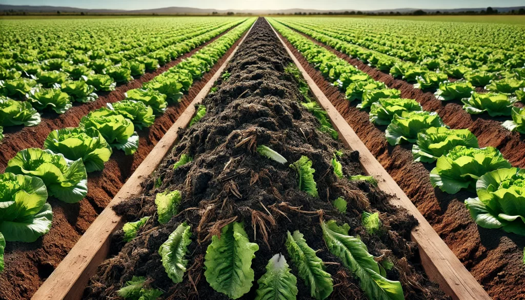 DALL·E 2025 01 10 16.41.55 A highly realistic image of compost being applied to a lettuce field. The scene shows rich, dark organic compost spread between rows of vibrant green