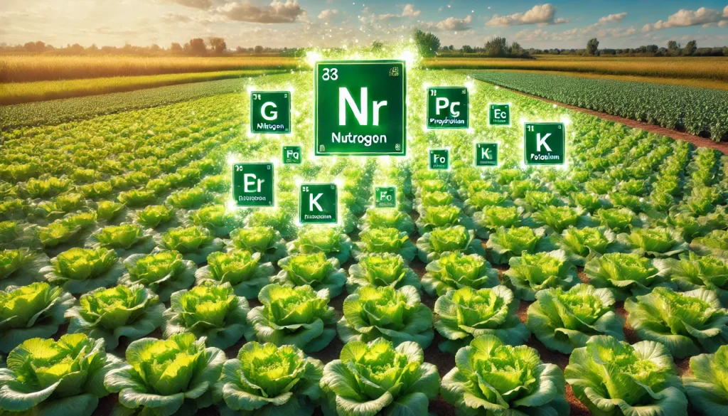 DALL·E 2025 01 10 16.42.43 A highly creative and realistic image of a lettuce field with floating periodic table symbols representing essential nutrients like N (Nitrogen), P (P