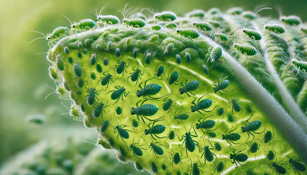 DALL·E 2025 01 10 16.55.36 A highly realistic close up image of aphids (Aphididae) infesting a lettuce leaf. The aphids are small, greenish insects clustered on the underside of