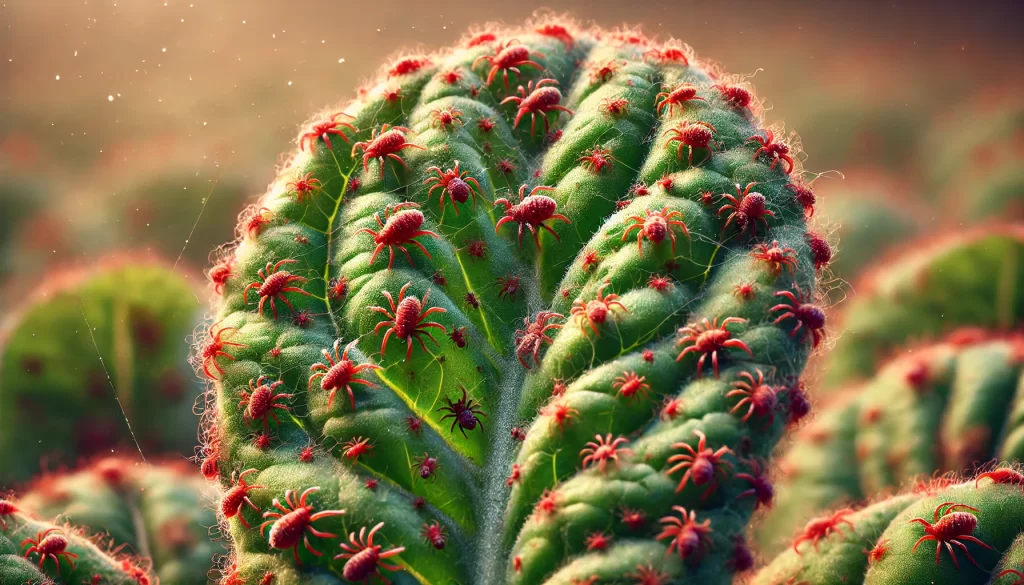 DALL·E 2025 01 10 16.56.38 A highly realistic close up image of a lettuce leaf infested with red spider mites (Tetranychus urticae). The tiny mites are visible on the surface of