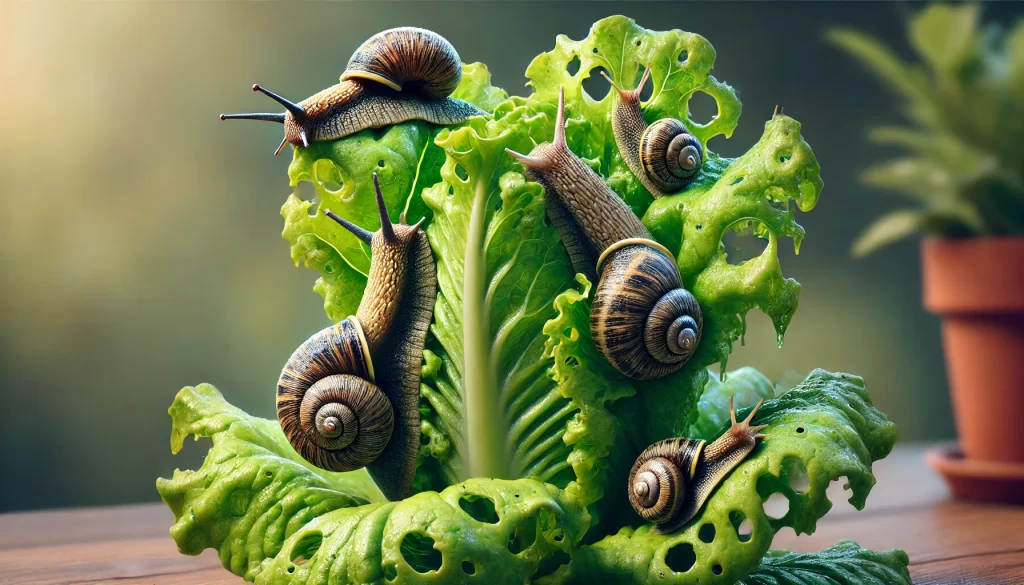 DALL·E 2025 01 10 16.57.40 A highly realistic close up image of a lettuce plant with slugs and snails feeding on its leaves. The slugs are slimy, with visible textures on their