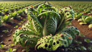 DALL·E 2025 01 10 17.00.23 A highly realistic close up image of a lettuce plant in a field infested with multiple pests, including aphids, slugs, snails, and spider mites. The a