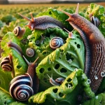 DALL·E 2025 01 13 09.34.49 A highly realistic close up image of a lettuce plant in a field infested with slugs and snails. The slugs are slimy and detailed, with visible texture