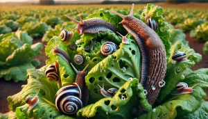 DALL·E 2025 01 13 09.34.49 A highly realistic close up image of a lettuce plant in a field infested with slugs and snails. The slugs are slimy and detailed, with visible texture