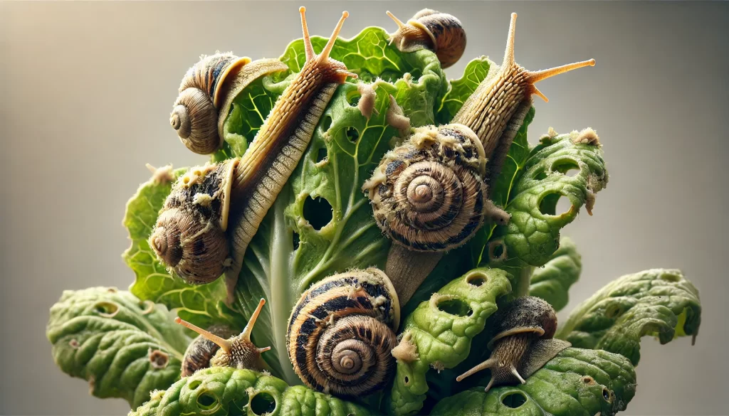 DALL·E 2025 01 13 09.35.35 A highly realistic extreme close up image of a lettuce plant infested with slugs and snails. The focus is on the pests, showing the slimy texture of t